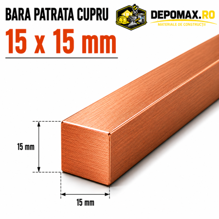 Bara patrata cupru 15 x 15 mm – lungime 3 metri – Cu-ETP